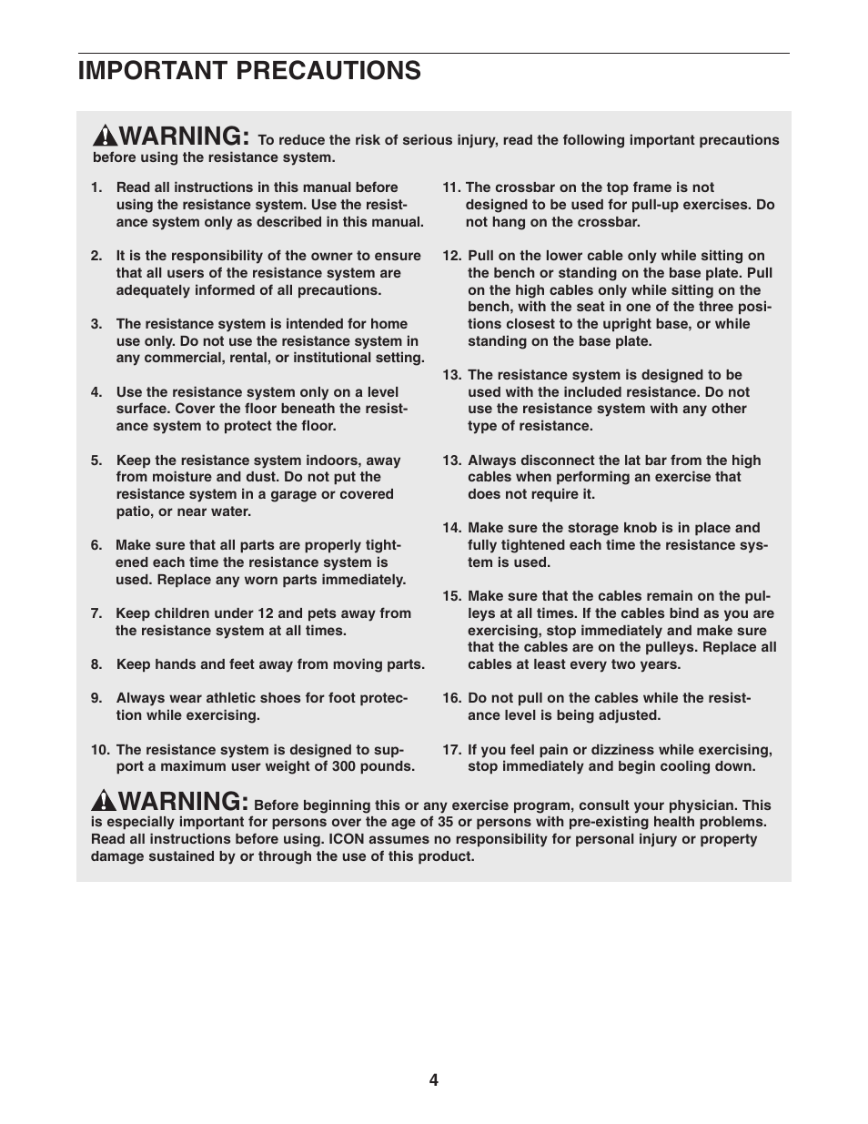 Warning, Important precautions | Weider WESY78734 User Manual | Page 4 / 27