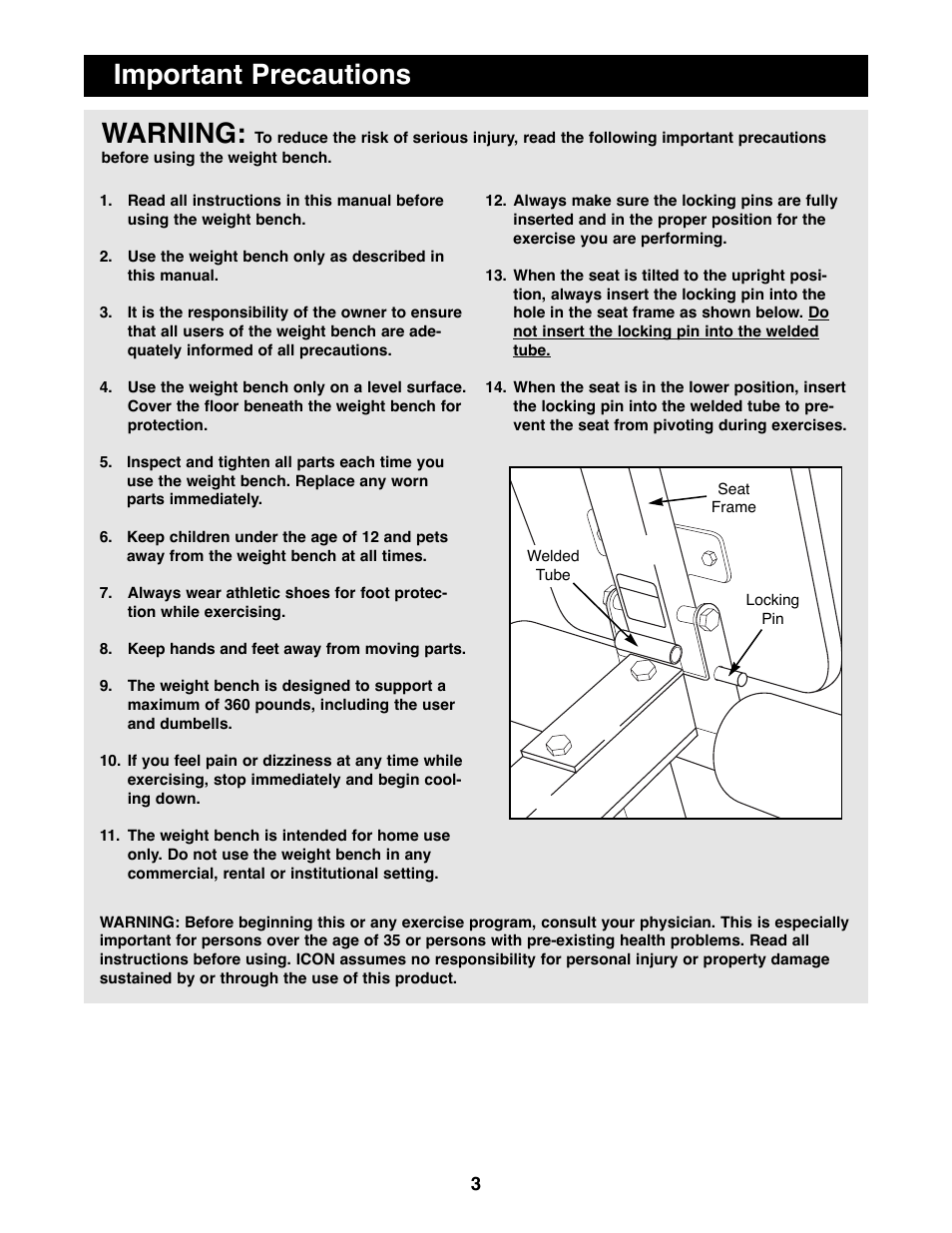 Warning, Important precautions | Weider WEBE03690 User Manual | Page 3 / 15