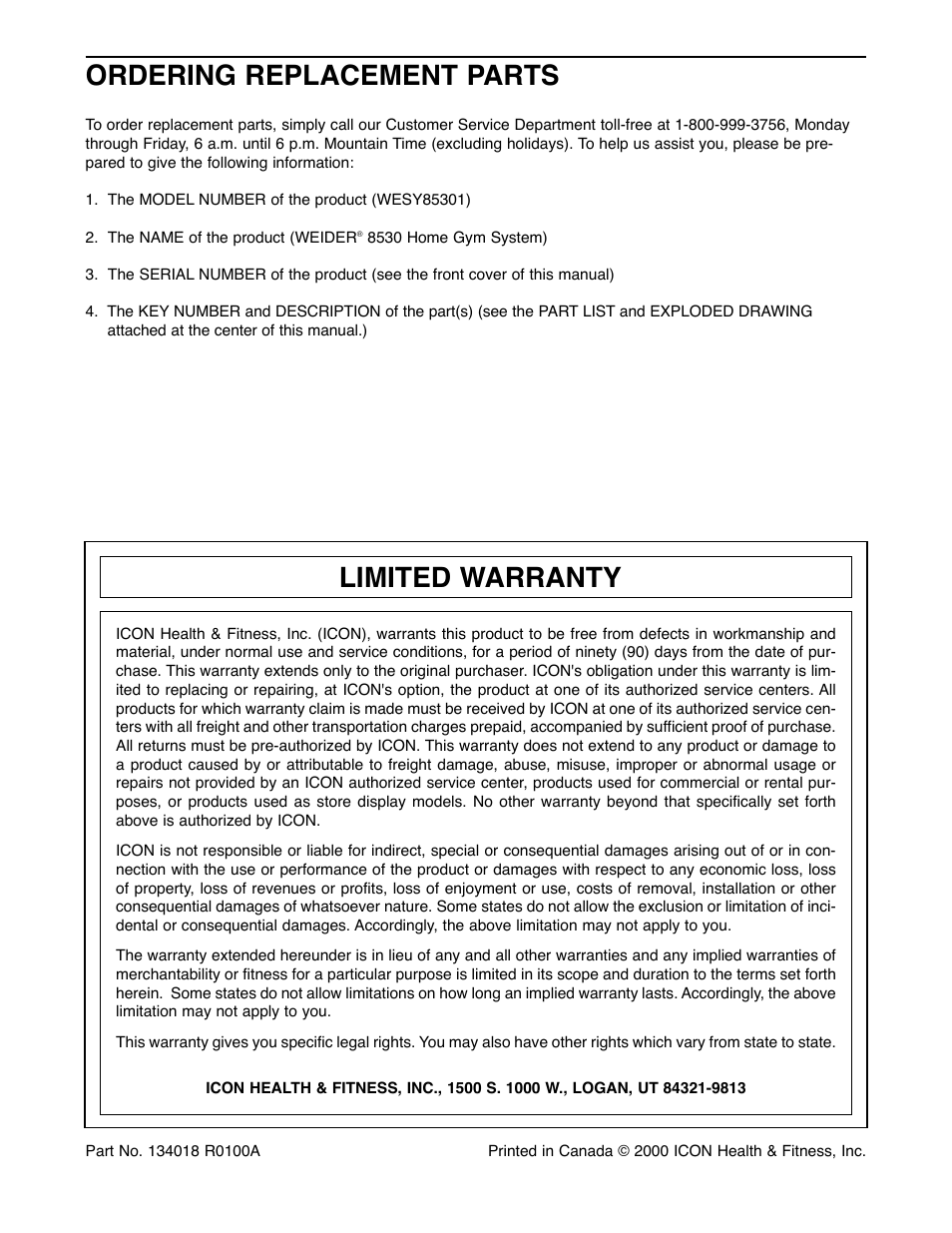 Ordering replacement parts, Limited warranty | Weider 8530 User Manual | Page 25 / 25