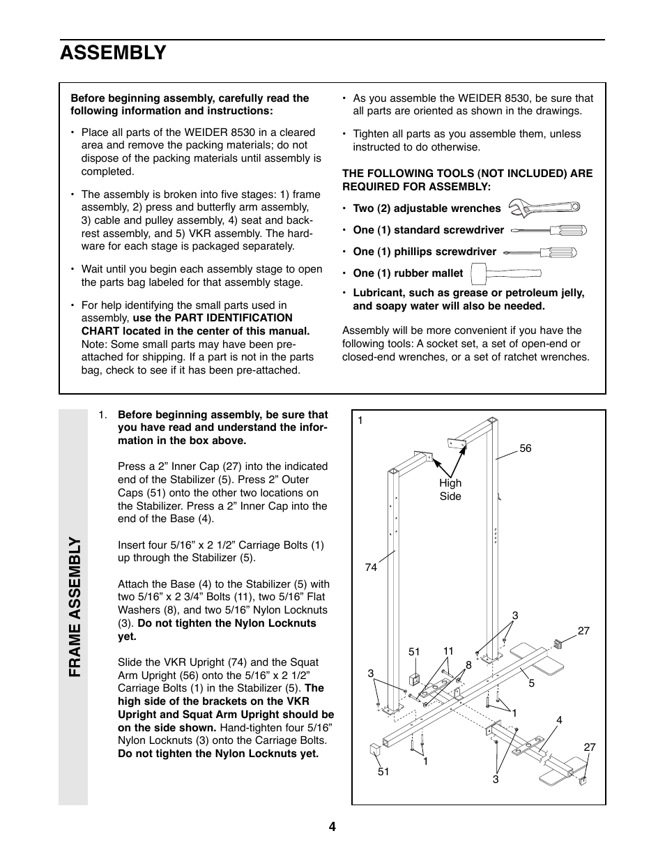Assembly, Frame assembl y | Weider 8530 User Manual | Page 4 / 25