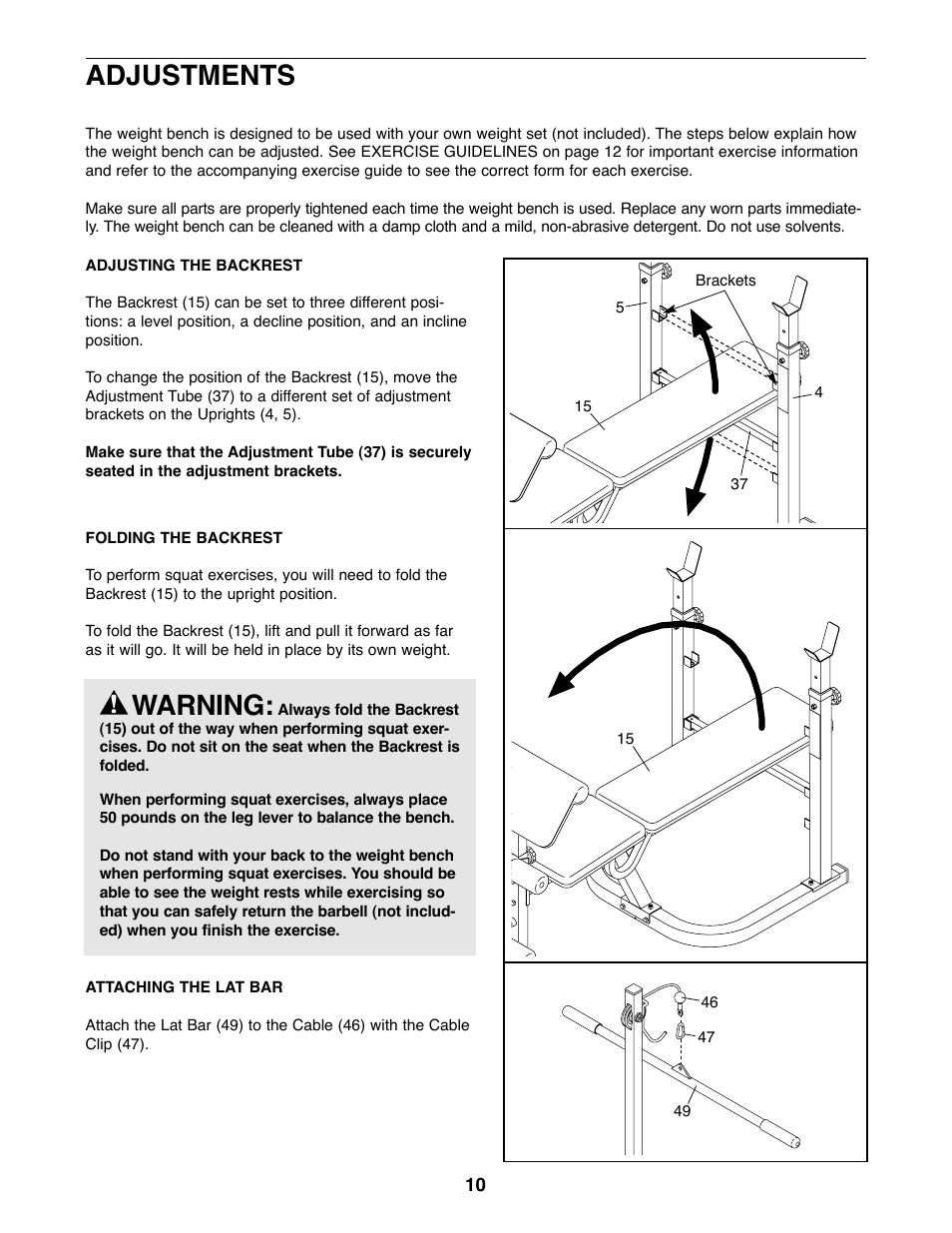 Adjustments, Warning | Weider WEBE15420 User Manual | Page 10 / 16