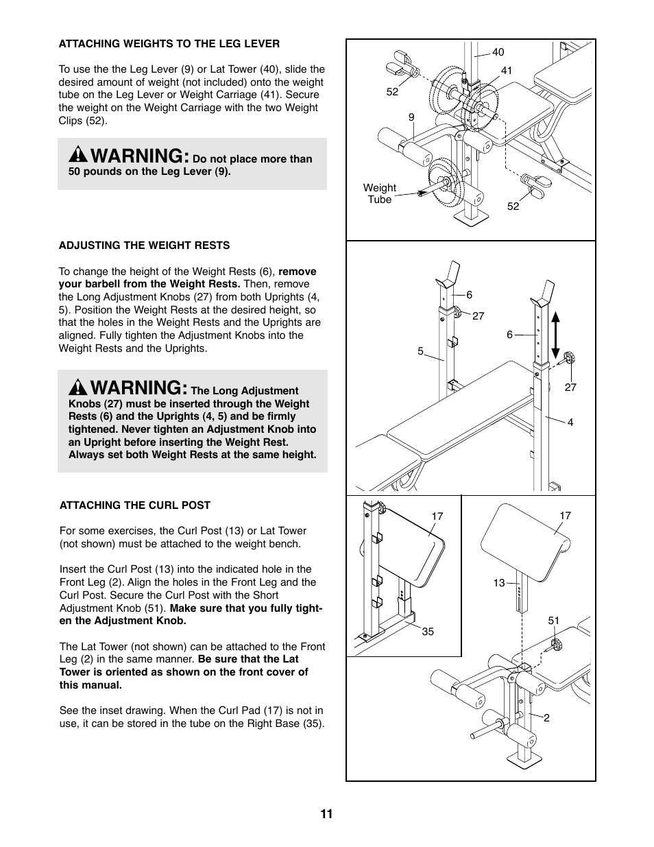 Warning | Weider WEBE15420 User Manual | Page 11 / 16