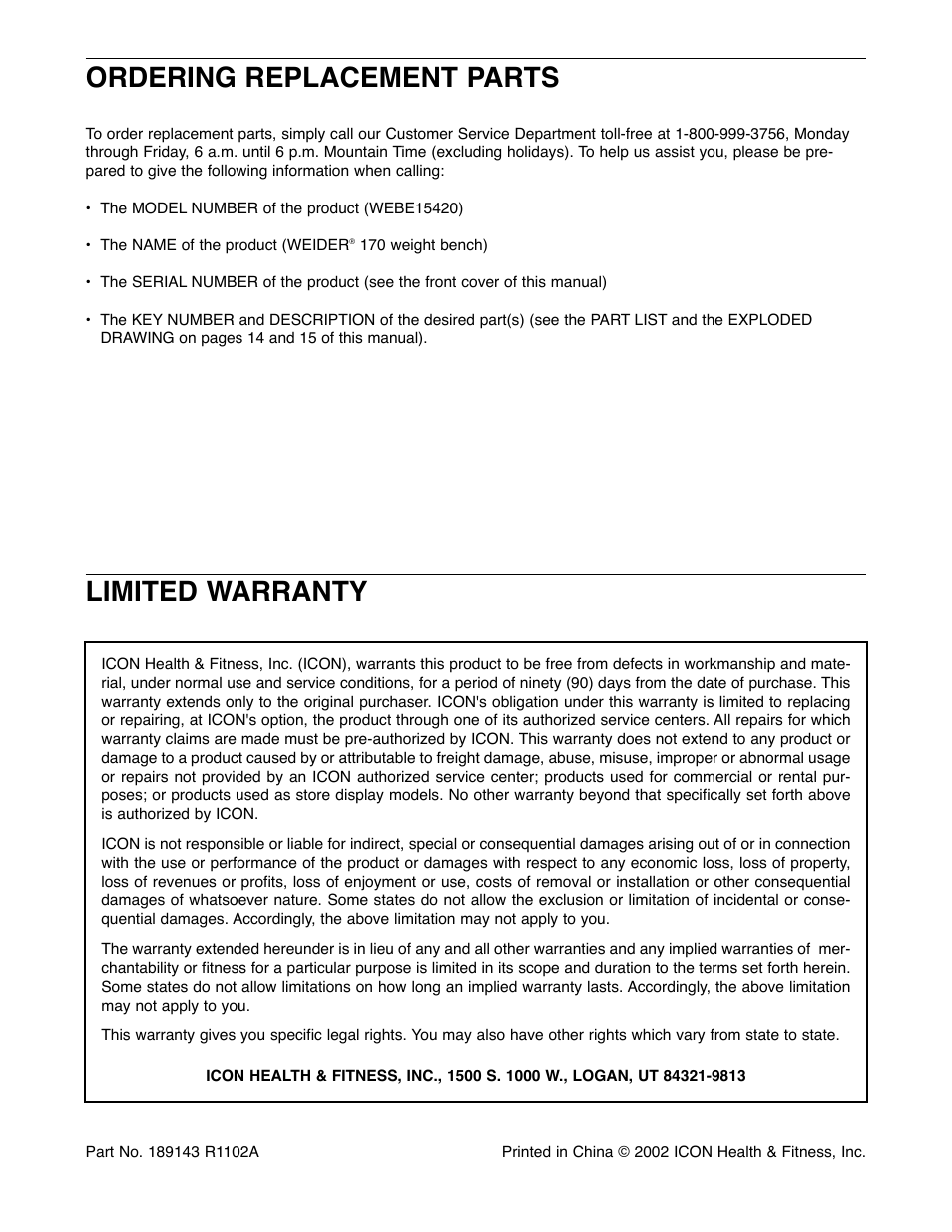 Limited warranty ordering replacement parts | Weider WEBE15420 User Manual | Page 16 / 16