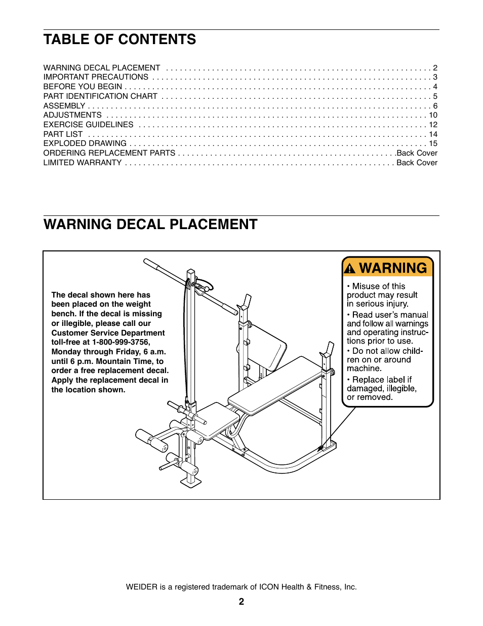 Weider WEBE15420 User Manual | Page 2 / 16