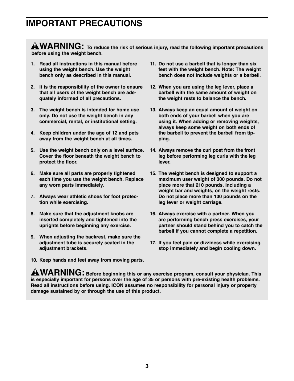 Warning, Important precautions | Weider WEBE15420 User Manual | Page 3 / 16