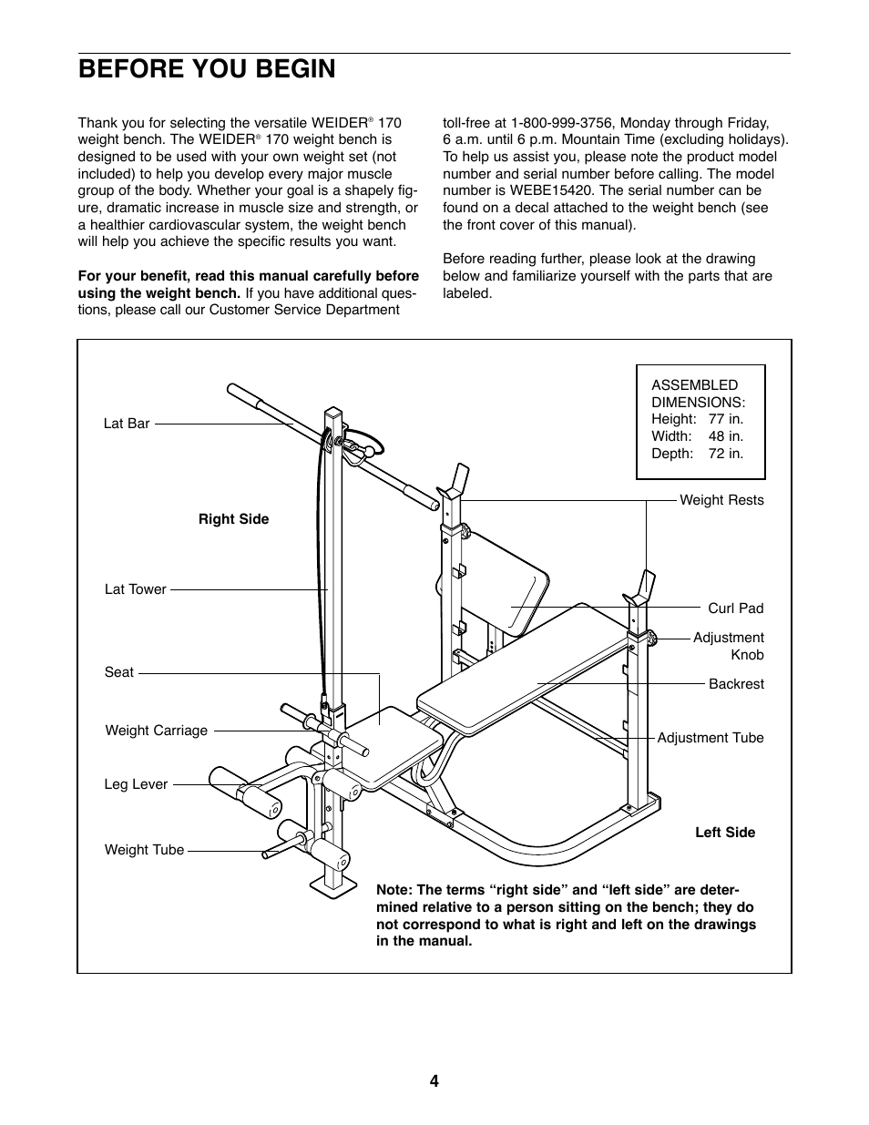 Before you begin | Weider WEBE15420 User Manual | Page 4 / 16