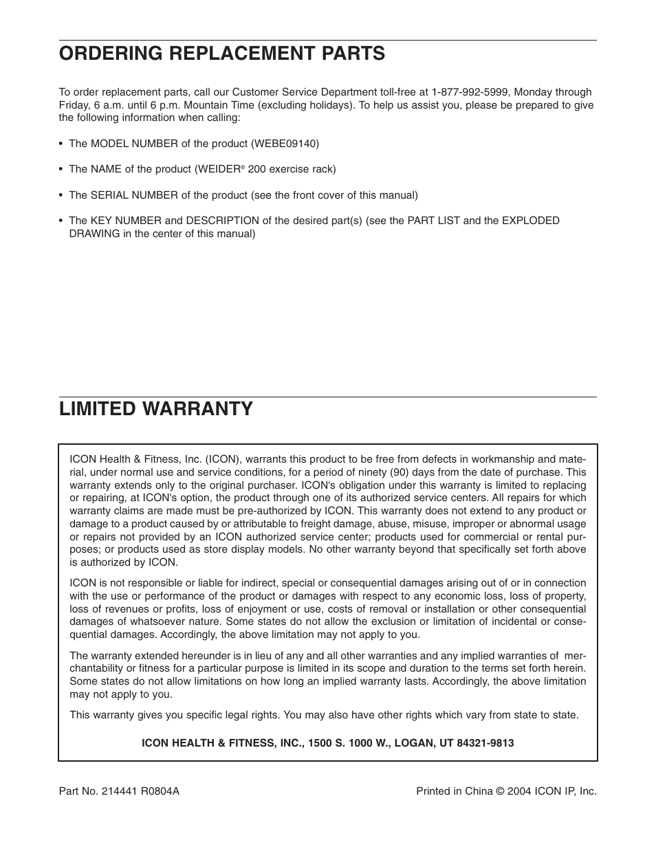 Limited warranty ordering replacement parts | Weider WEBE09140 User Manual | Page 15 / 15