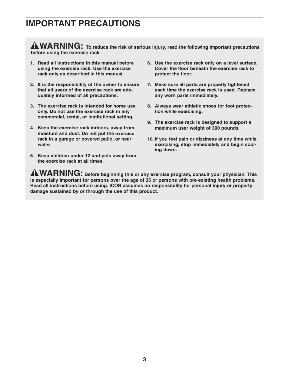 Warning, Important precautions | Weider WEBE09140 User Manual | Page 3 / 15