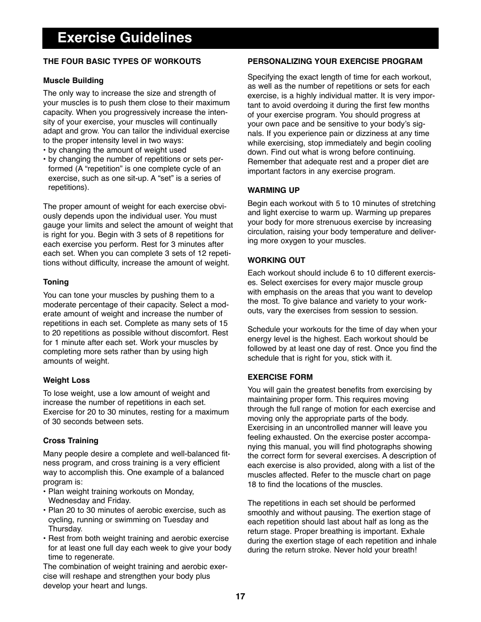 Exercise guidelines | Weider WEBE96491 User Manual | Page 17 / 23