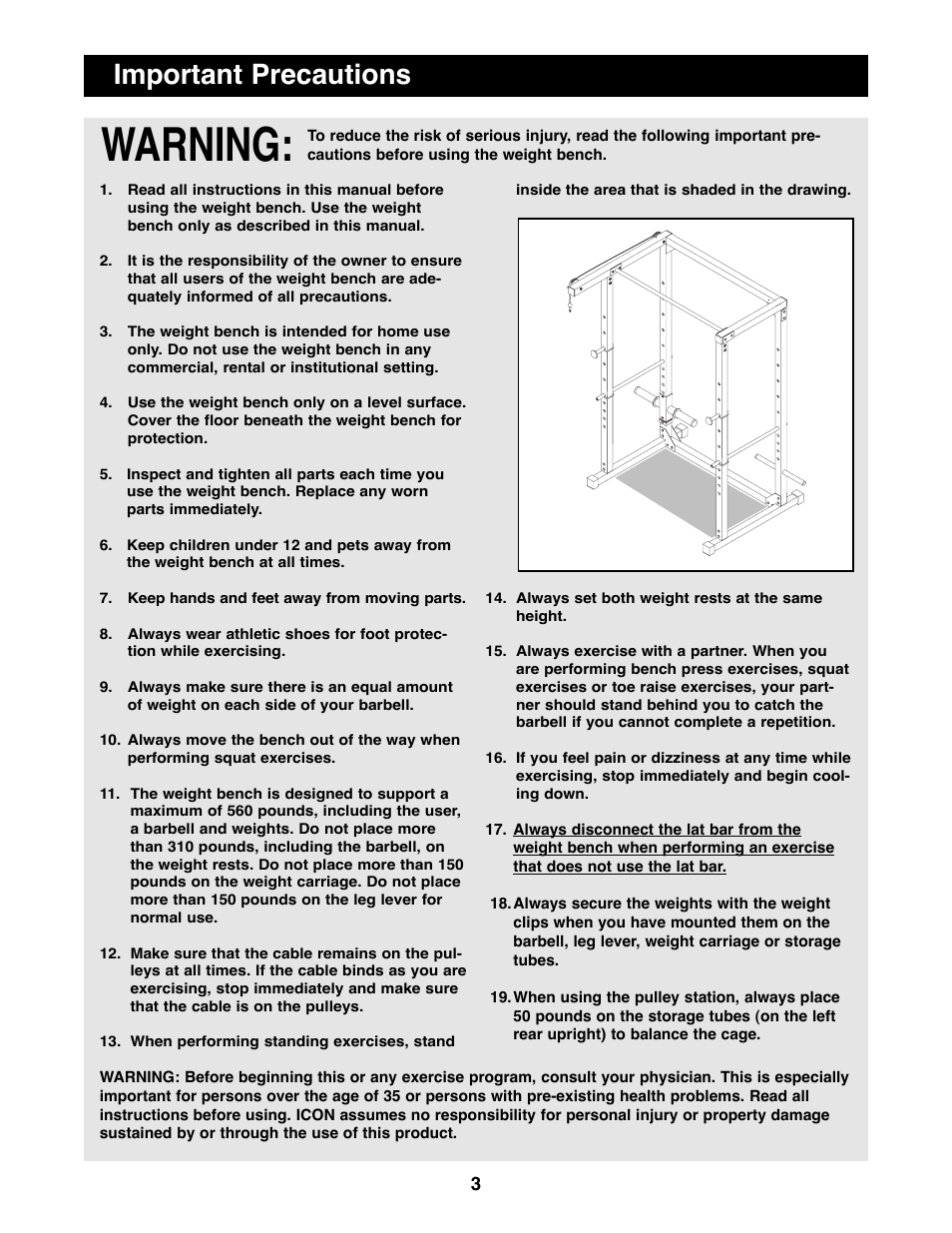 Warning, Important precautions | Weider WEBE96491 User Manual | Page 3 / 23