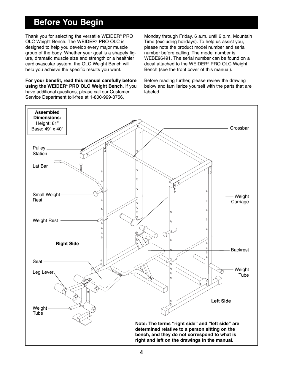 Before you begin | Weider WEBE96491 User Manual | Page 4 / 23