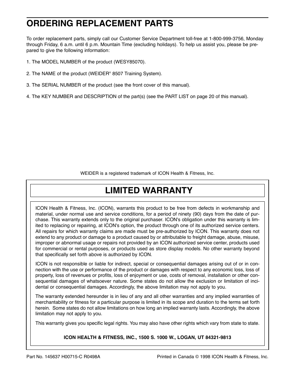 Ordering replacement parts, Limited warranty | Weider WESY85070 User Manual | Page 26 / 26