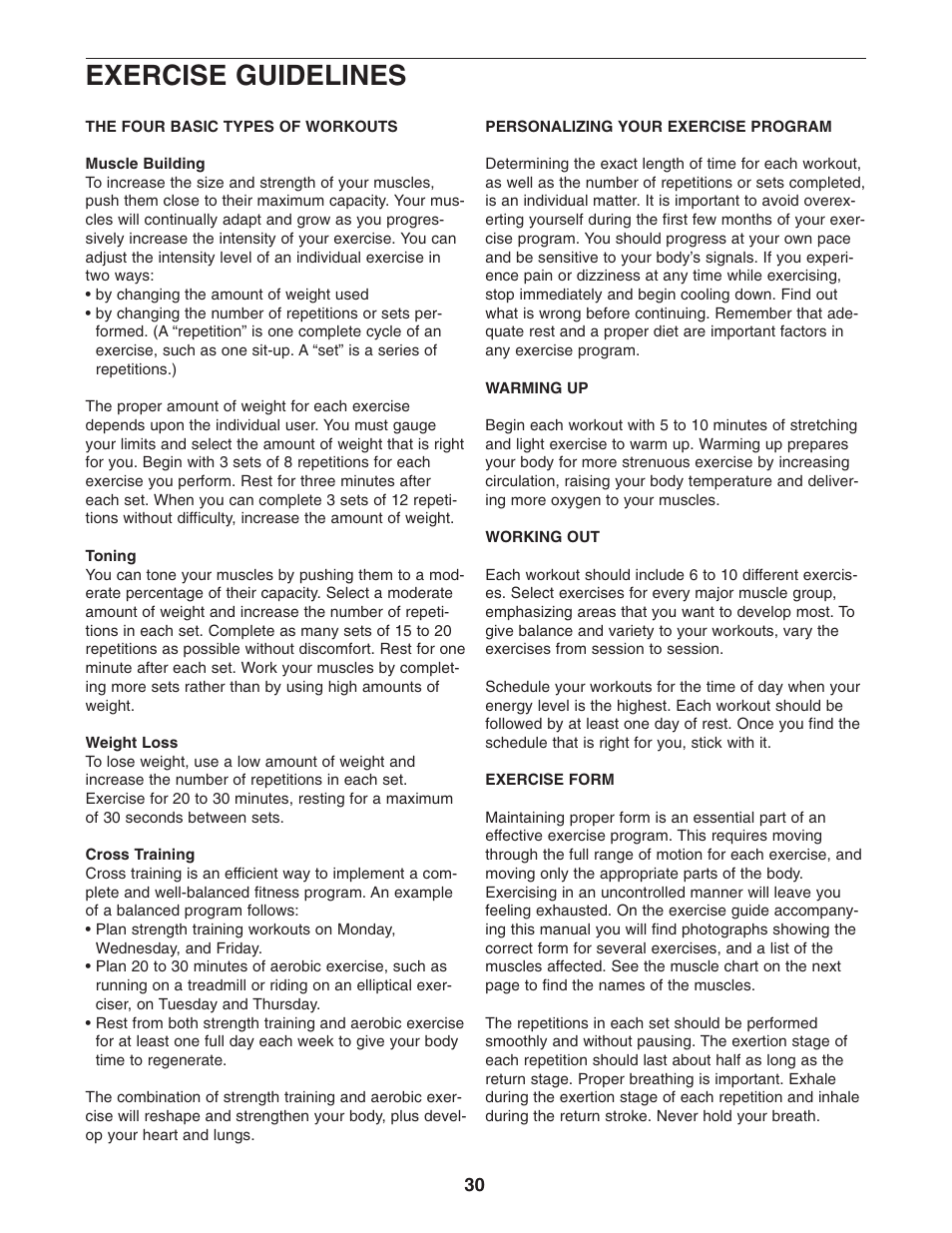 Exercise guidelines | Weider WESY2916.0 User Manual | Page 30 / 36