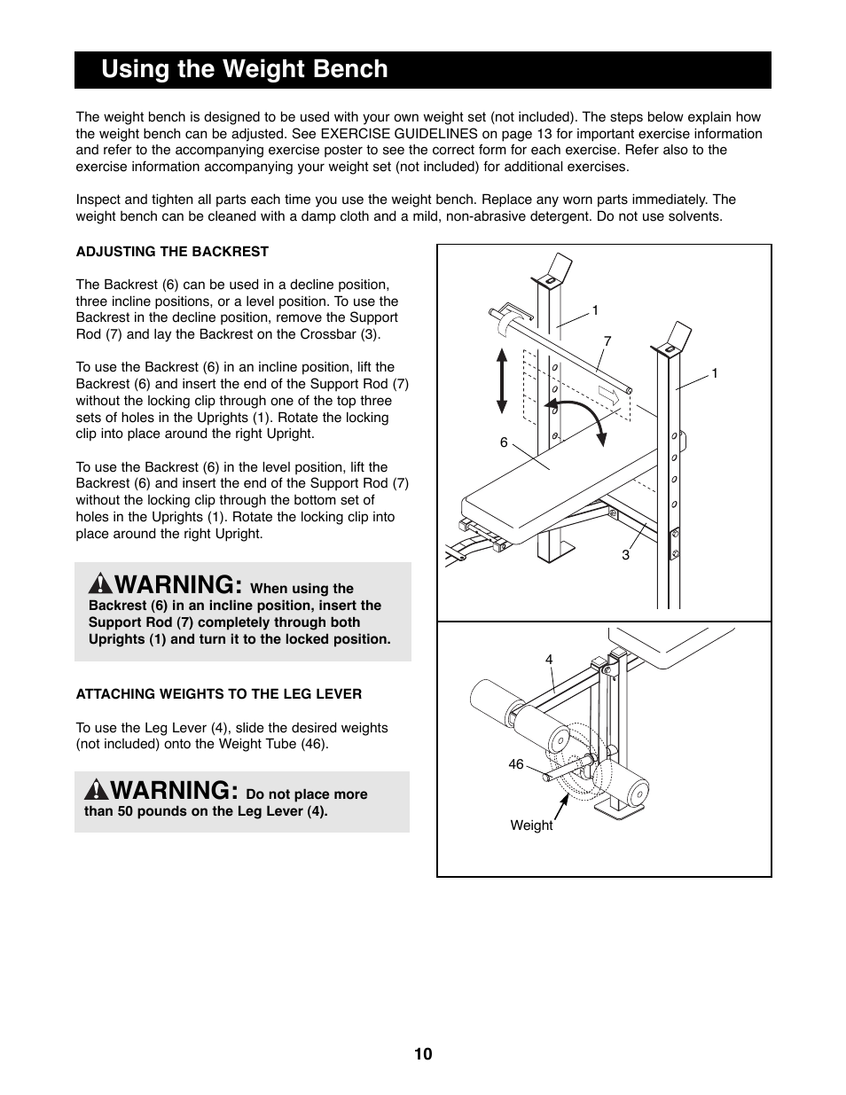 Using the weight bench warning, Warning | Weider 500 User Manual | Page 10 / 20