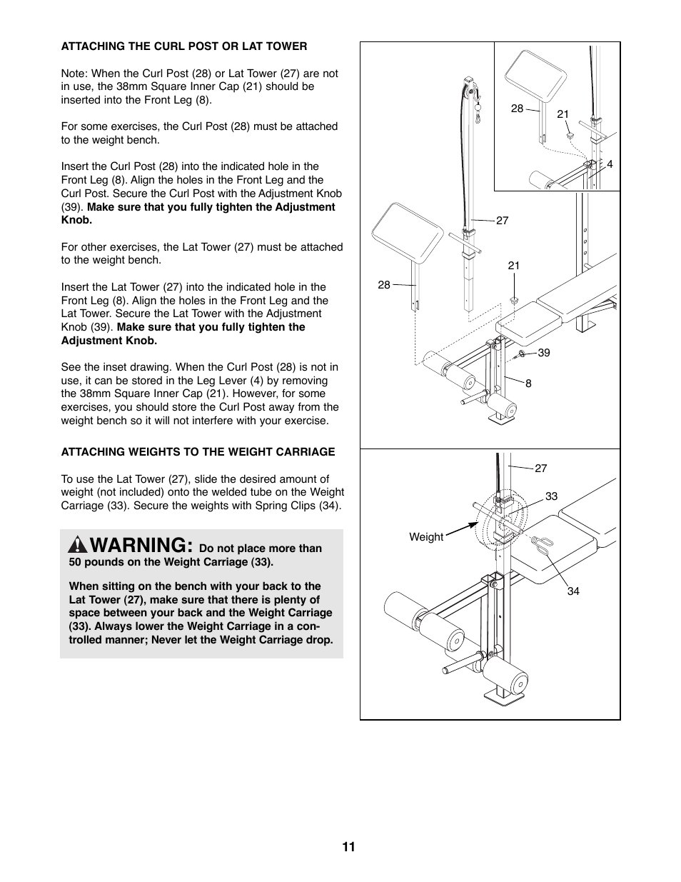 Warning | Weider 500 User Manual | Page 11 / 20