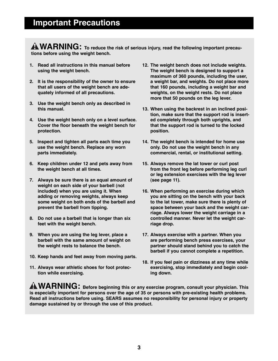 Important precautions warning, Warning | Weider 500 User Manual | Page 3 / 20