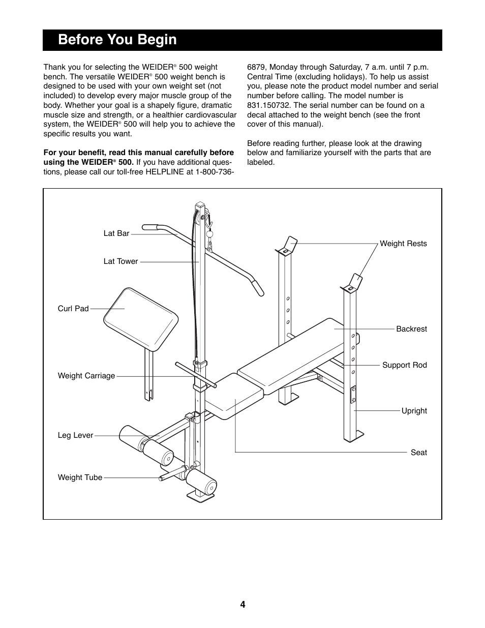 Before you begin | Weider 500 User Manual | Page 4 / 20