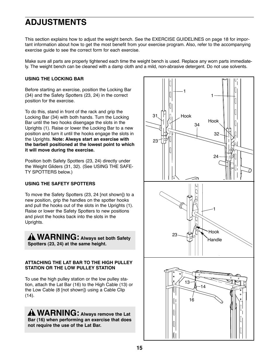 Warning, Adjustments | Weider PRO 375 User Manual | Page 15 / 23