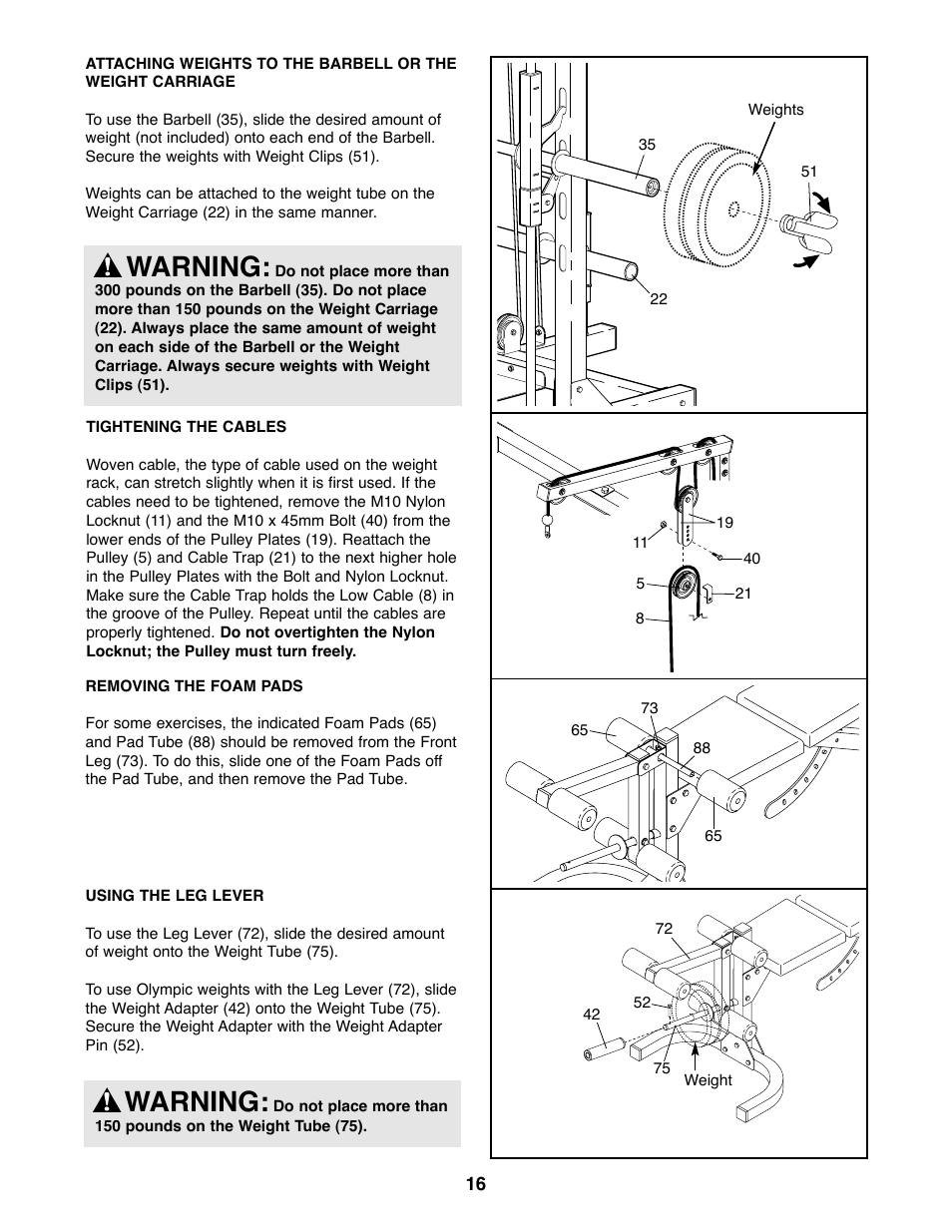 Warning | Weider PRO 375 User Manual | Page 16 / 23