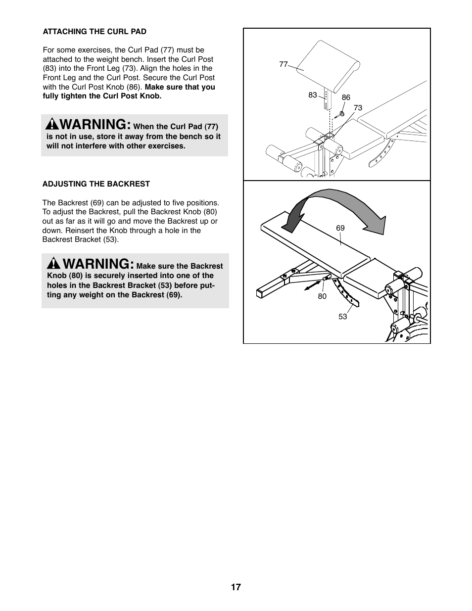 Warning | Weider PRO 375 User Manual | Page 17 / 23