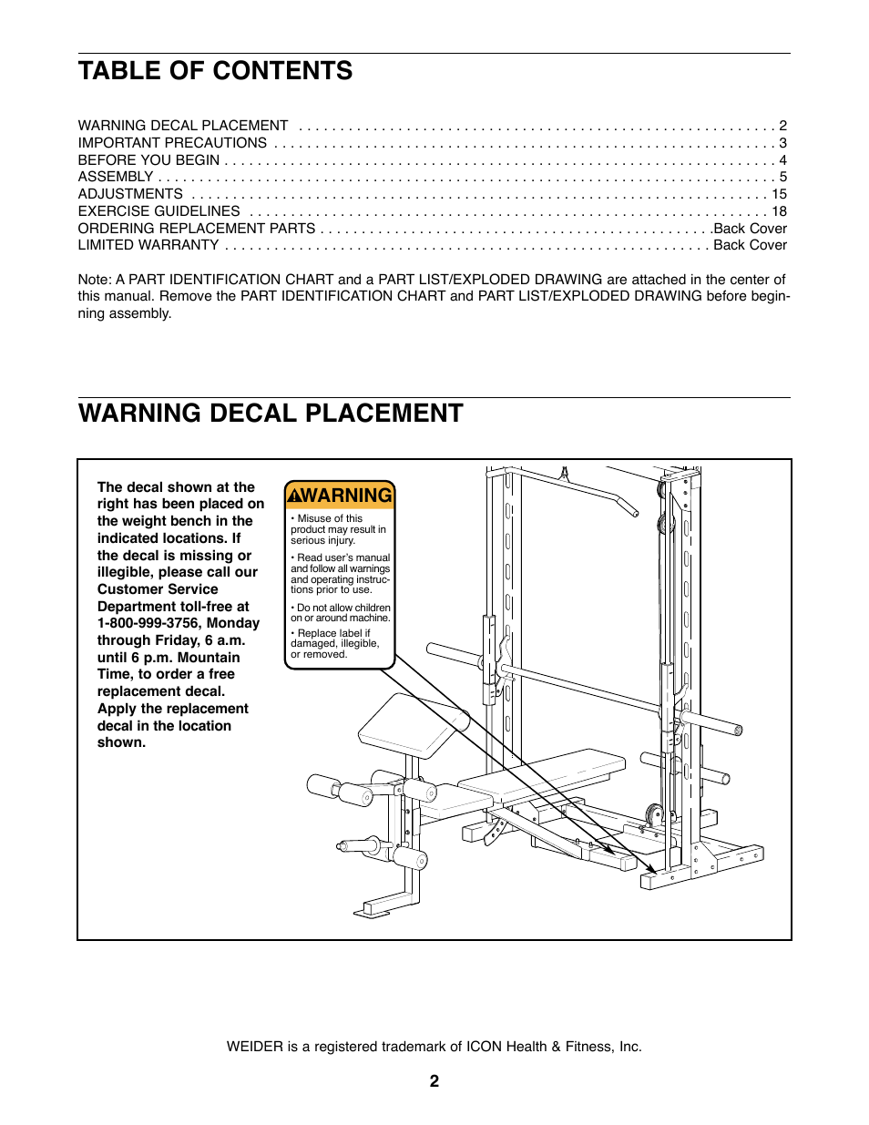 Table of contents warning decal placement, Warning | Weider PRO 375 User Manual | Page 2 / 23