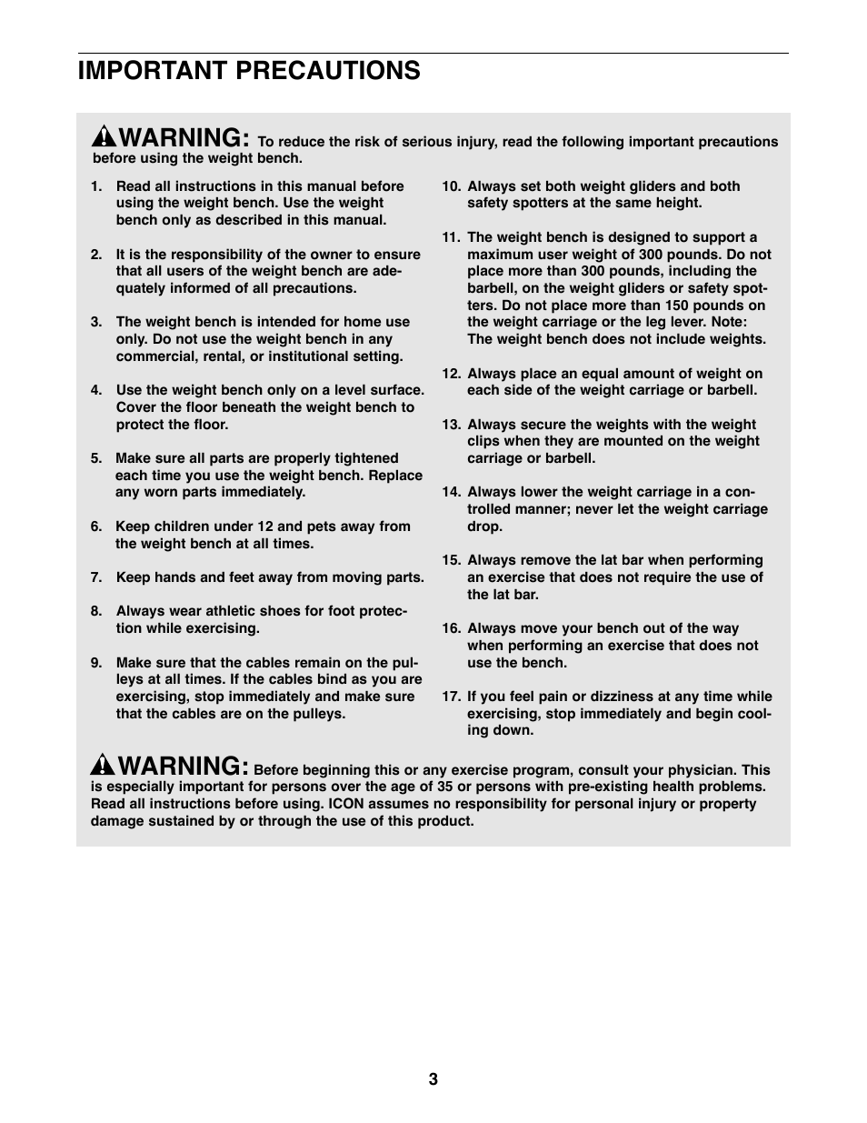 Warning, Important precautions | Weider PRO 375 User Manual | Page 3 / 23