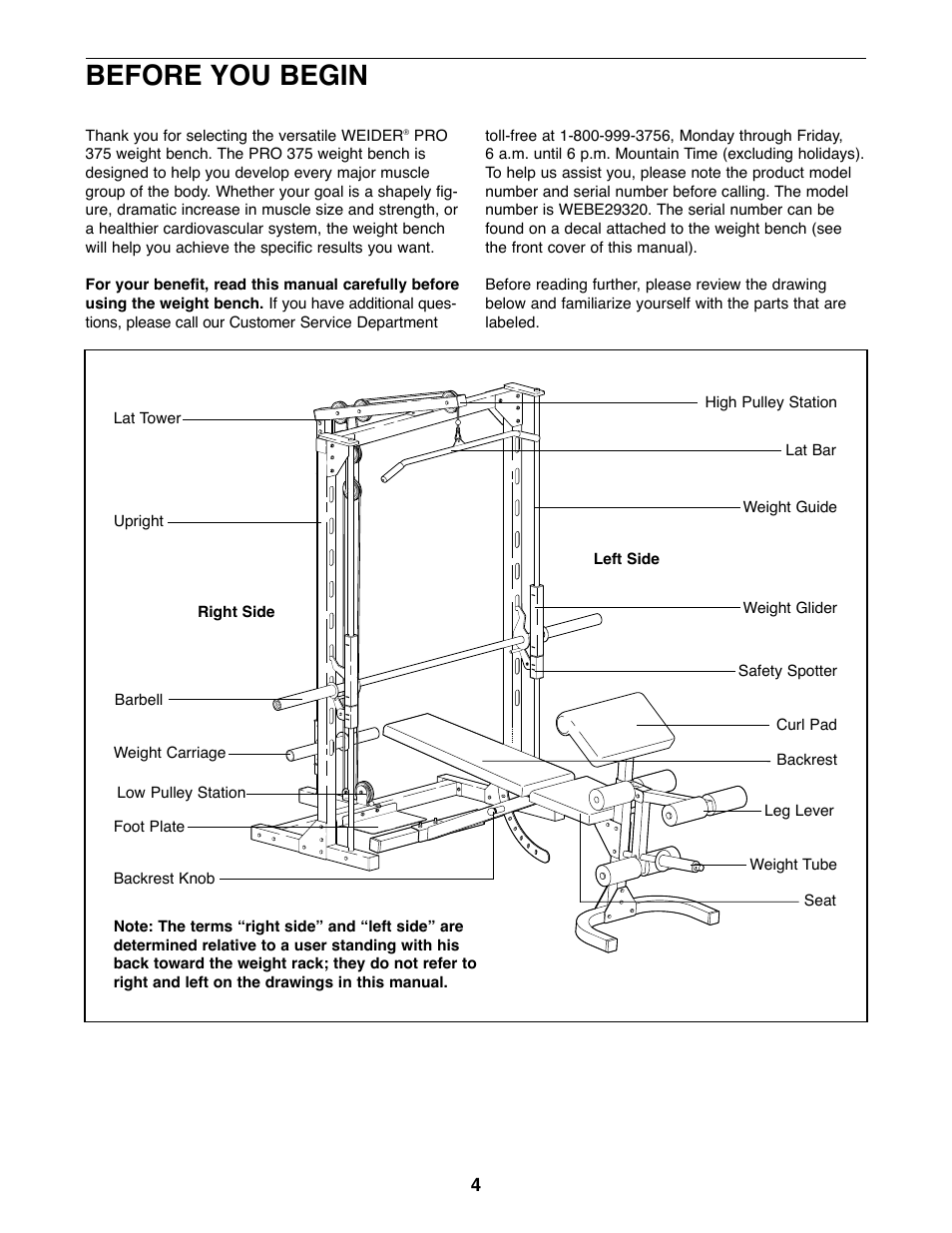 Before you begin | Weider PRO 375 User Manual | Page 4 / 23