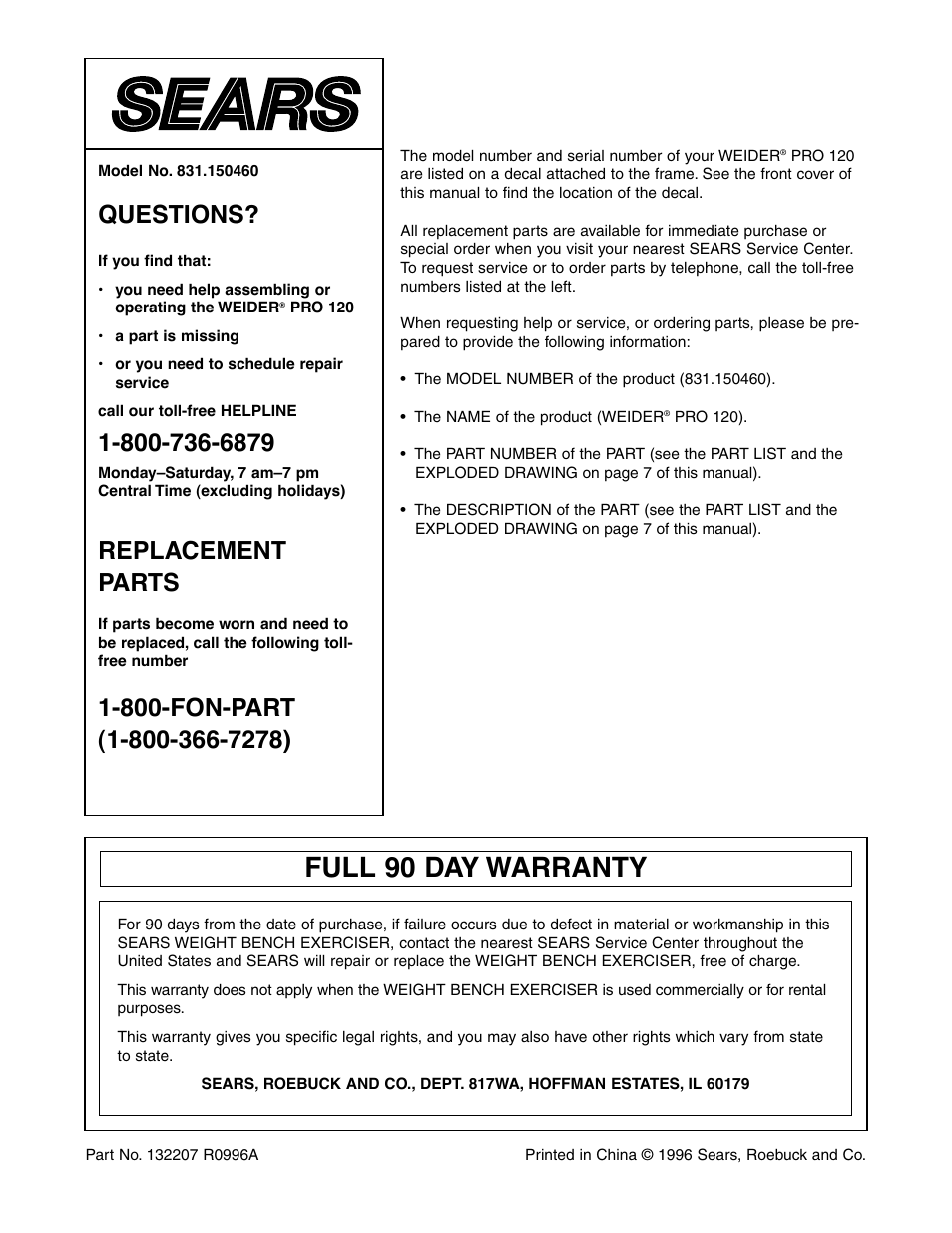 Full 90 day warranty, Questions, Replacement parts | Weider 831.150460 User Manual | Page 8 / 8