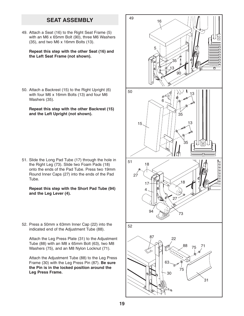 Seat assembly | Weider 831.159822 User Manual | Page 19 / 32