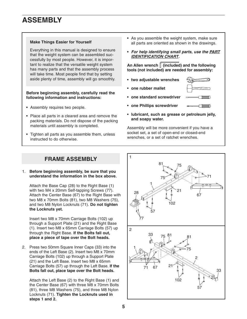 Assembly, Frame assembly | Weider 831.159822 User Manual | Page 5 / 32
