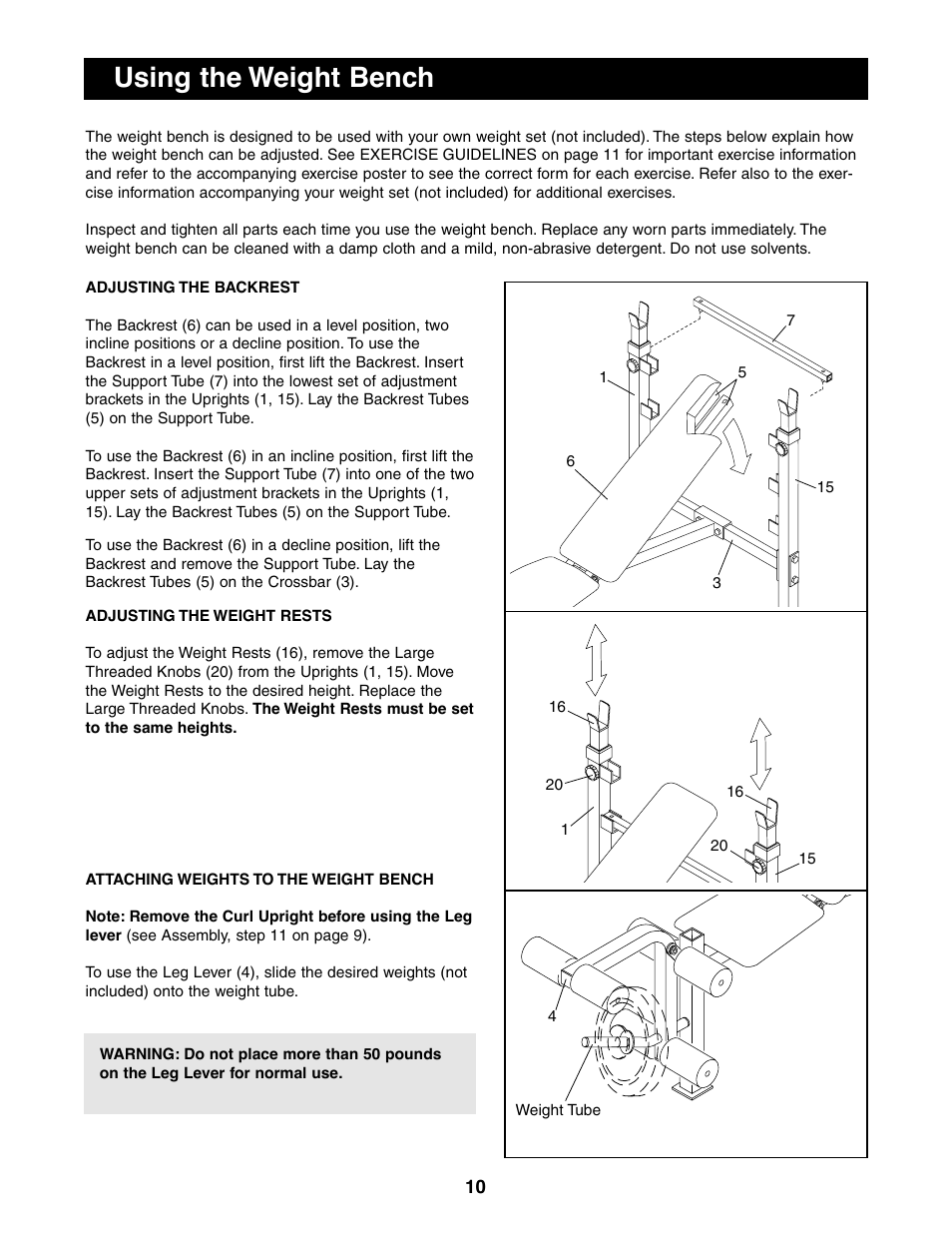 Using the weight bench | Weider 831.150850 User Manual | Page 10 / 16