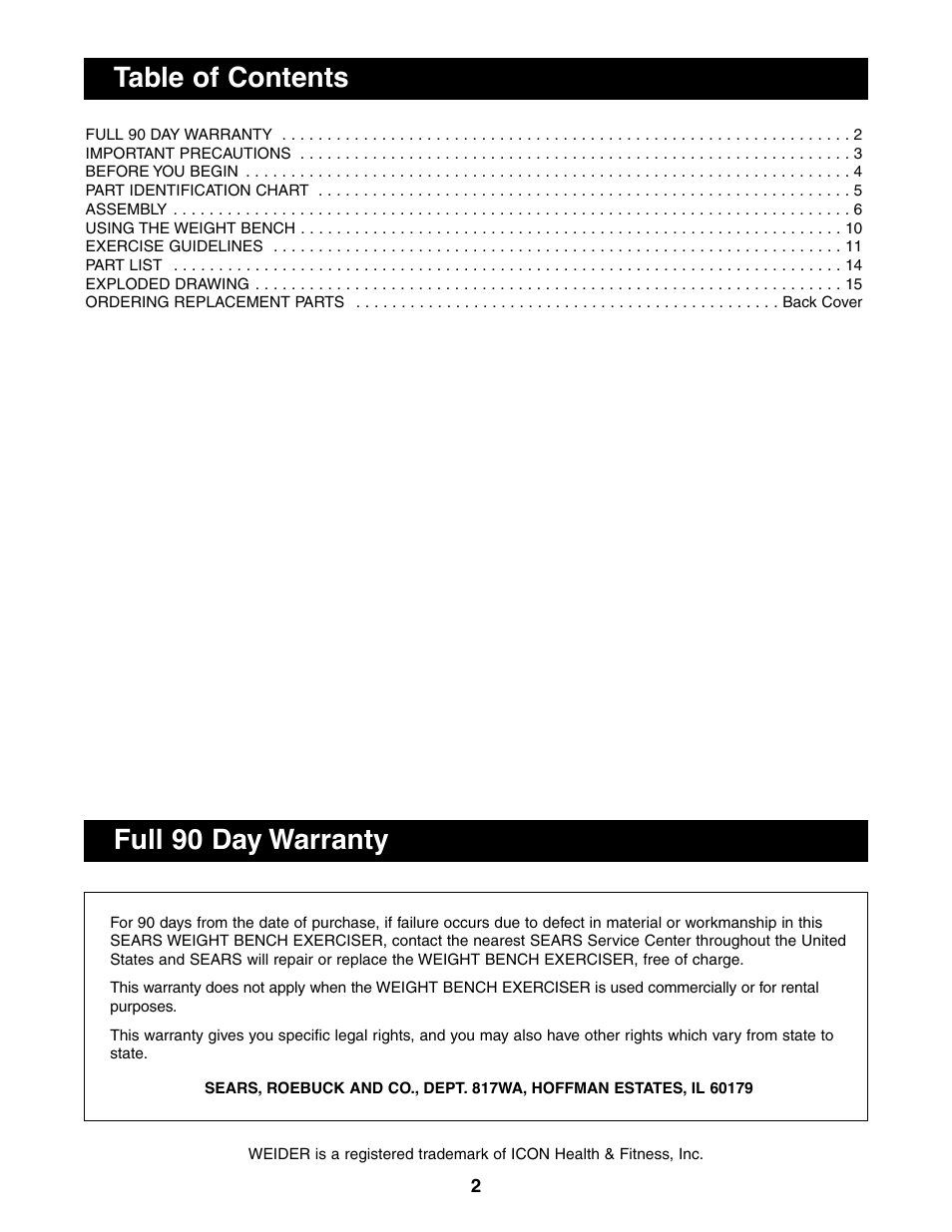 Full 90 day warranty table of contents | Weider 831.150850 User Manual | Page 2 / 16