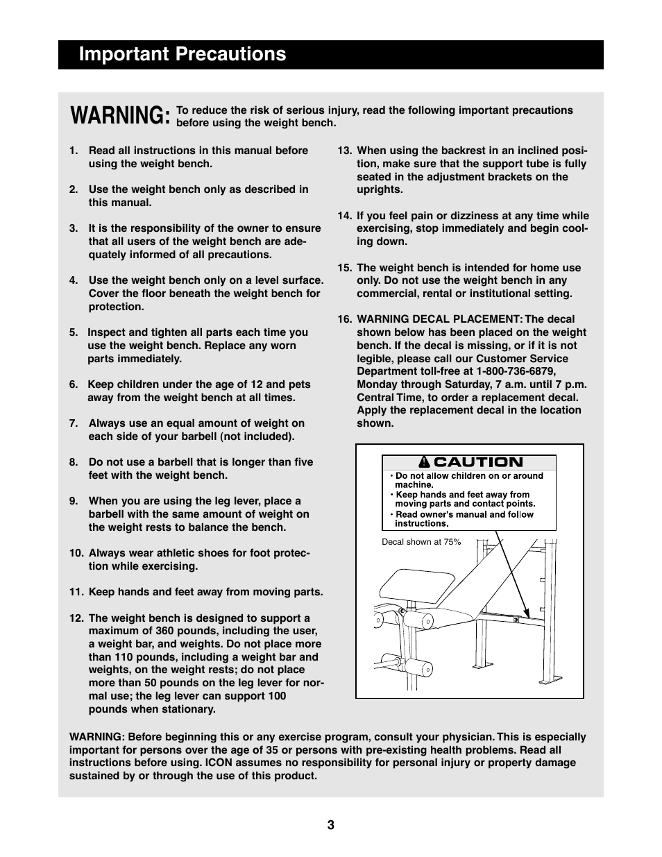 Warning, Important precautions | Weider 831.150850 User Manual | Page 3 / 16