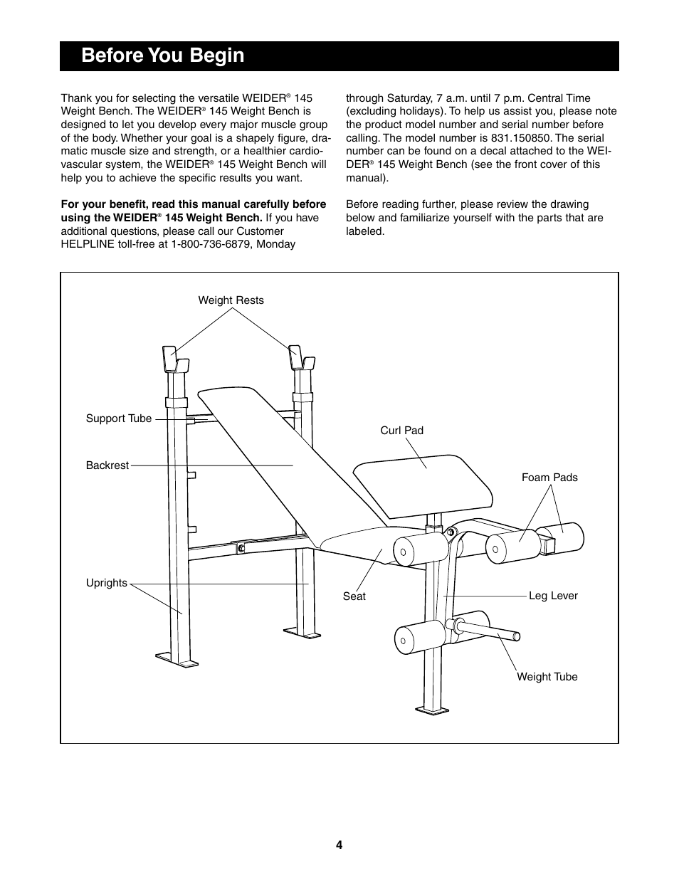 Before you begin | Weider 831.150850 User Manual | Page 4 / 16