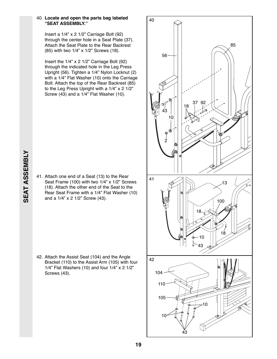 Sea t assembl y | Weider WESY49200 User Manual | Page 19 / 33