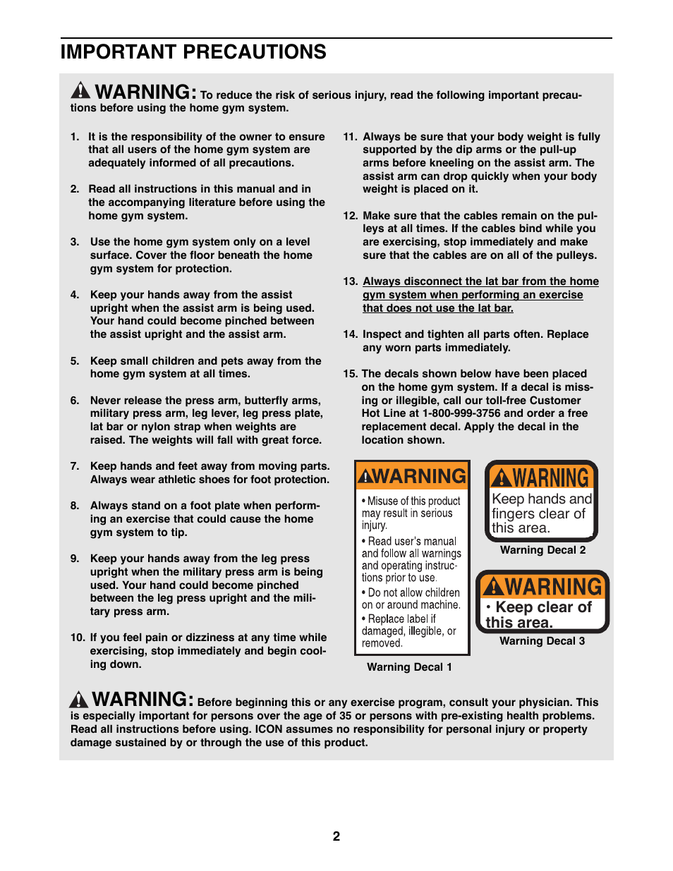 Warning, Important precautions, Keep clear of this area | Keep hands and fingers clear of this area | Weider WESY49200 User Manual | Page 2 / 33