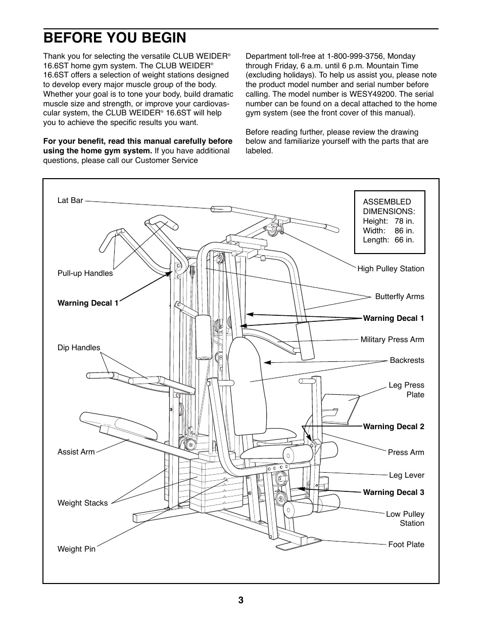 Before you begin | Weider WESY49200 User Manual | Page 3 / 33