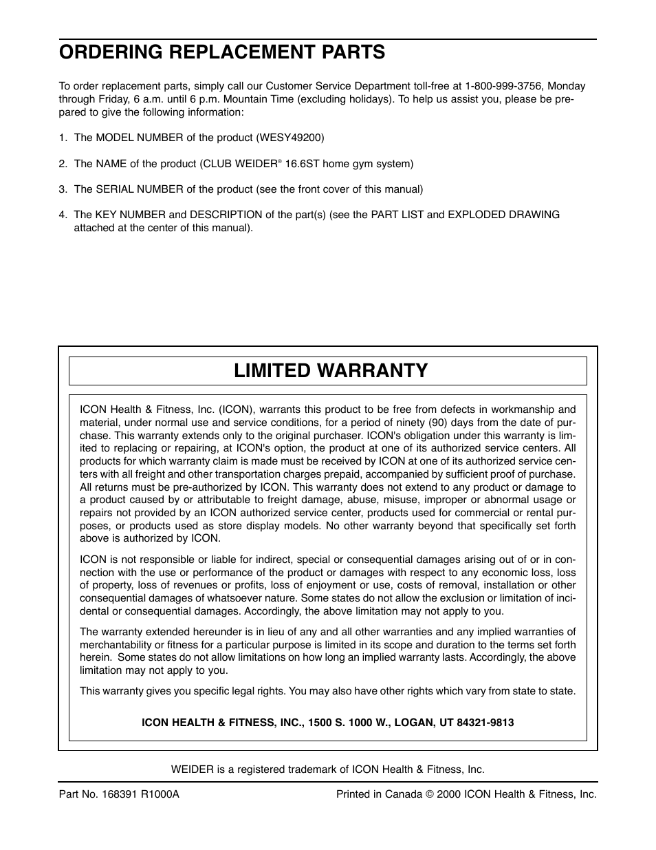 Ordering replacement parts, Limited warranty | Weider WESY49200 User Manual | Page 33 / 33