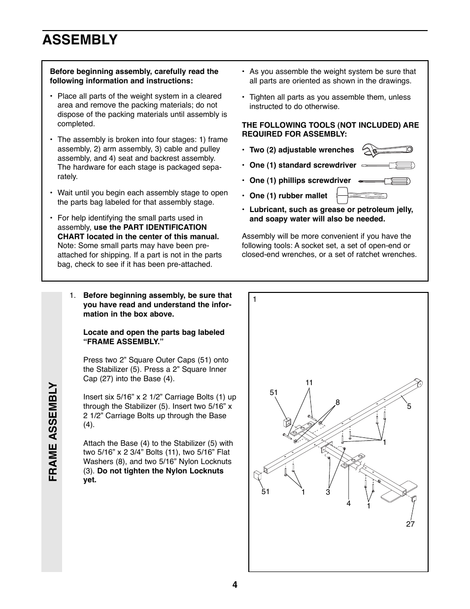 Assembly, Frame assembl y | Weider WESY49200 User Manual | Page 4 / 33