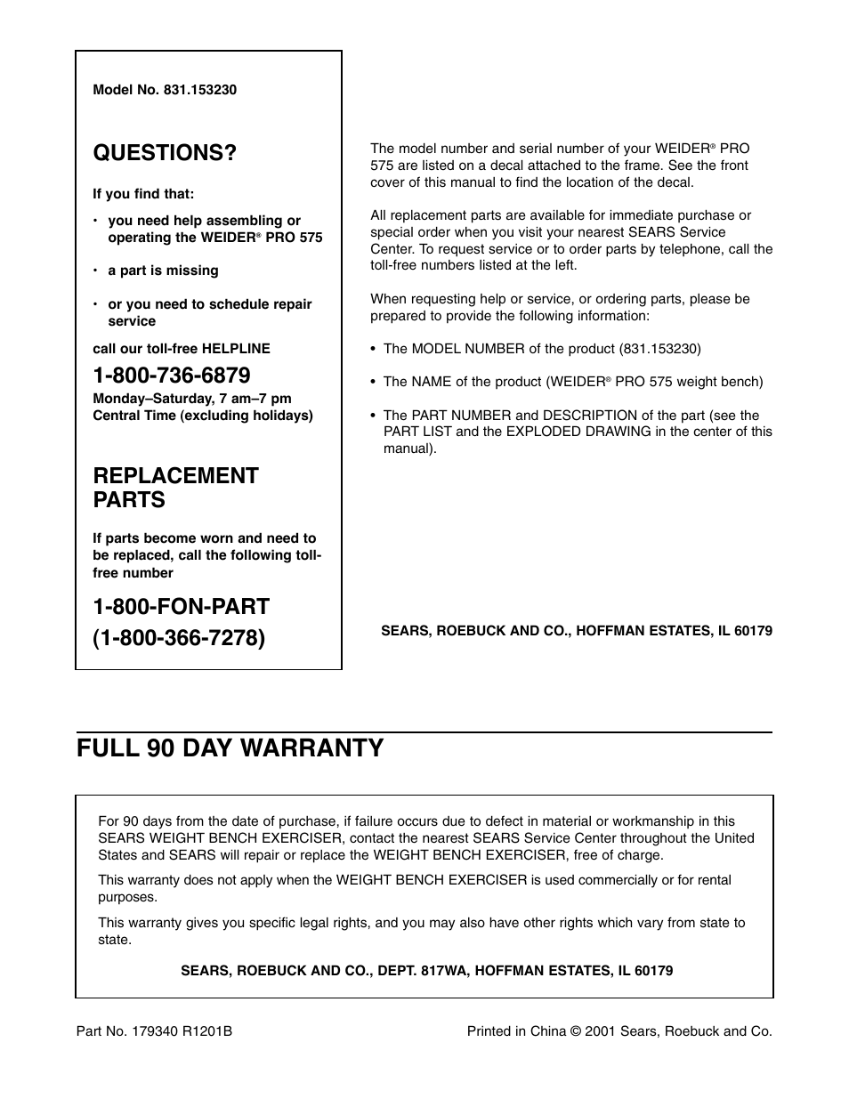 Full 90 day warranty, Questions, Replacement parts | Weider PRO 575 User Manual | Page 26 / 26