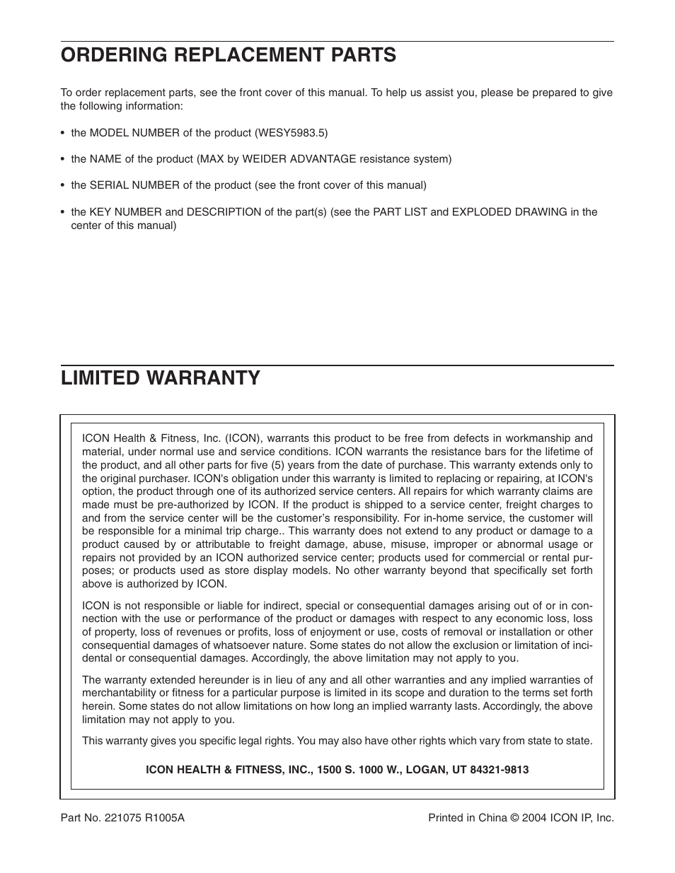 Ordering replacement parts, Limited warranty | Weider WESY5983.5 User Manual | Page 24 / 24