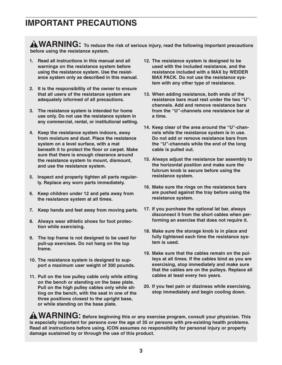 Warning, Important precautions | Weider WESY5983.5 User Manual | Page 3 / 24