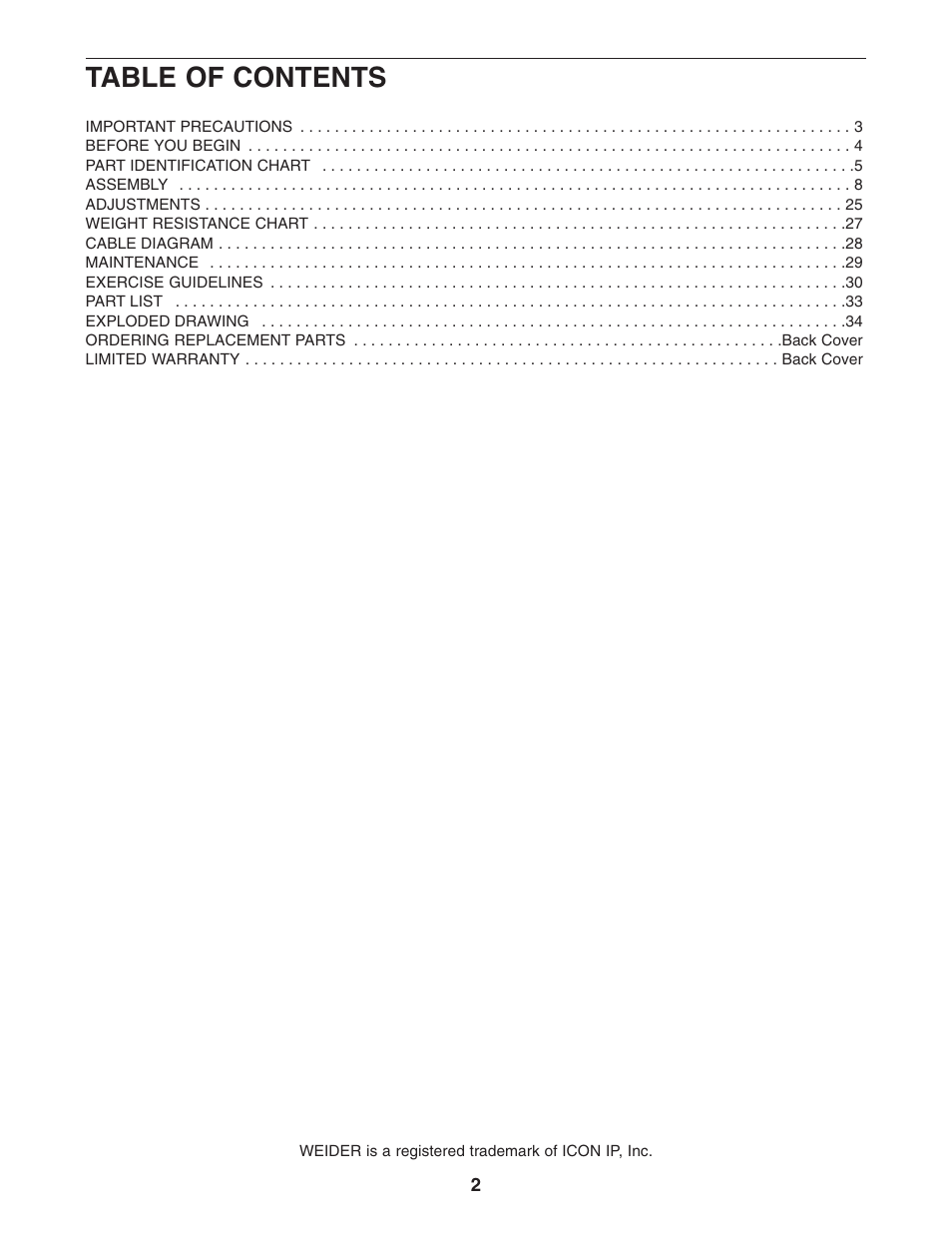 Weider WESY2916.1 User Manual | Page 2 / 36