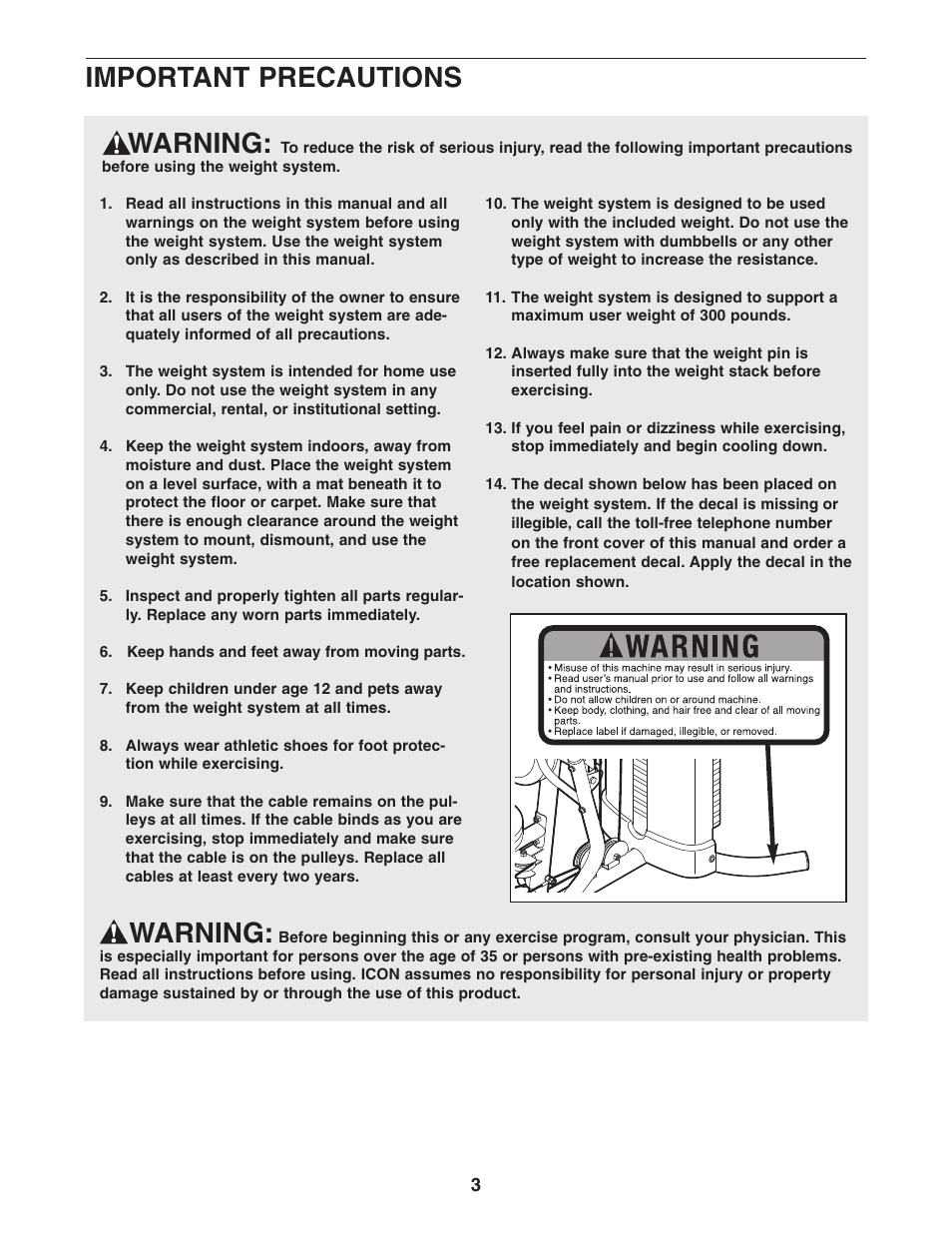 Warning, Important precautions | Weider WESY2916.1 User Manual | Page 3 / 36