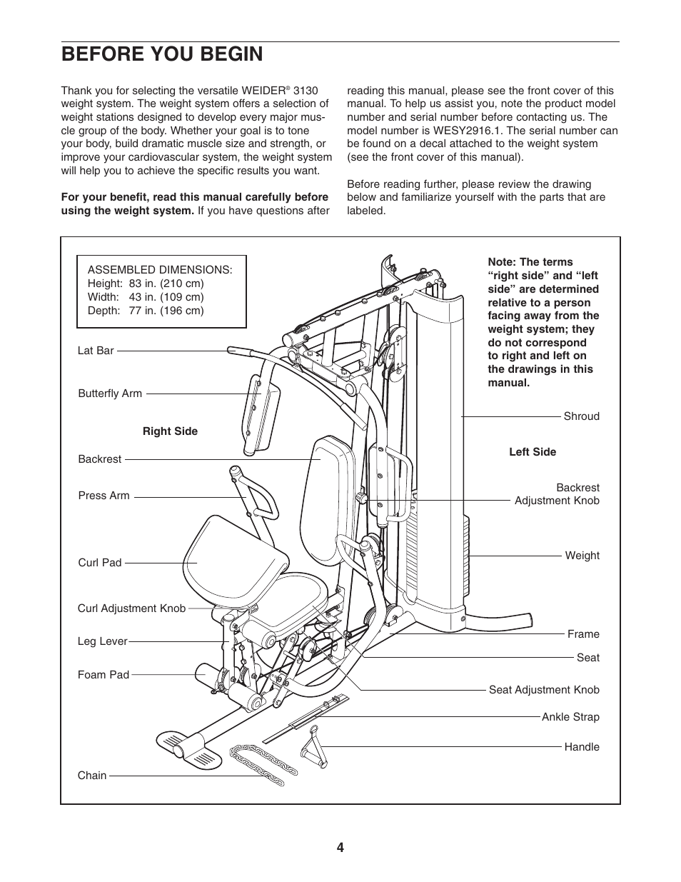 Before you begin | Weider WESY2916.1 User Manual | Page 4 / 36