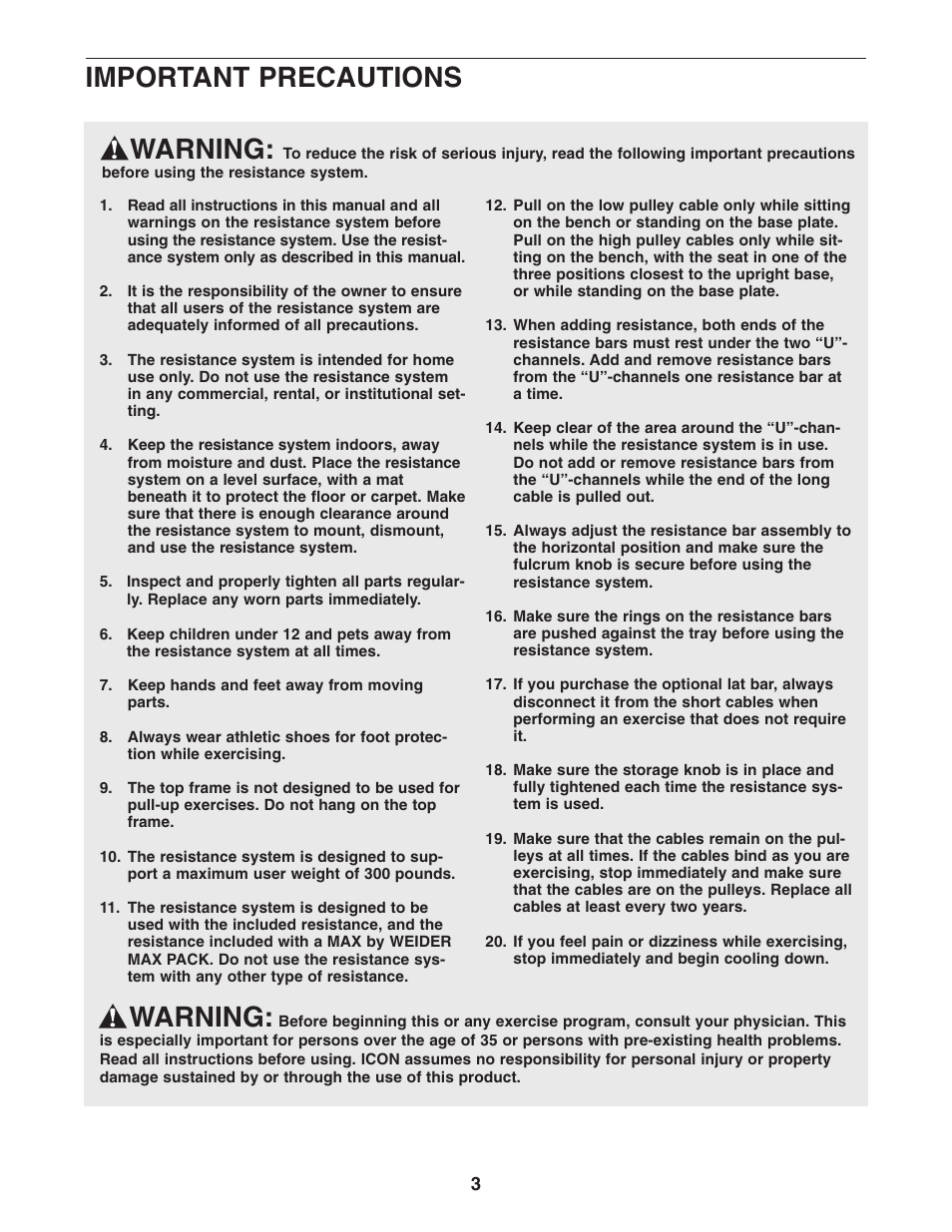 Warning, Important precautions | Weider WESY5984.1 User Manual | Page 3 / 24