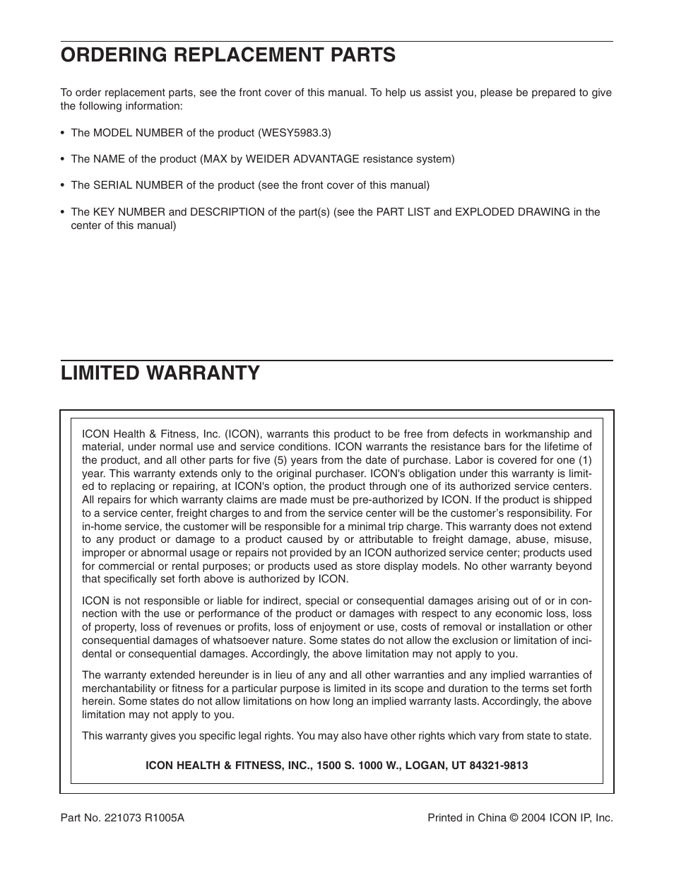 Ordering replacement parts, Limited warranty | Weider WESY5983.3 User Manual | Page 24 / 24