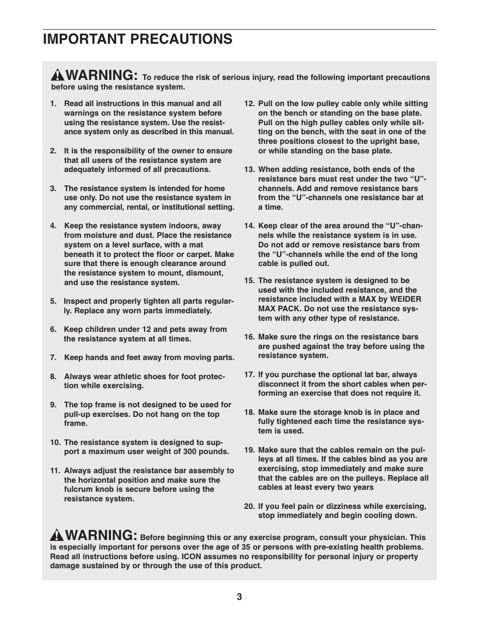 Warning, Important precautions | Weider WESY5983.3 User Manual | Page 3 / 24