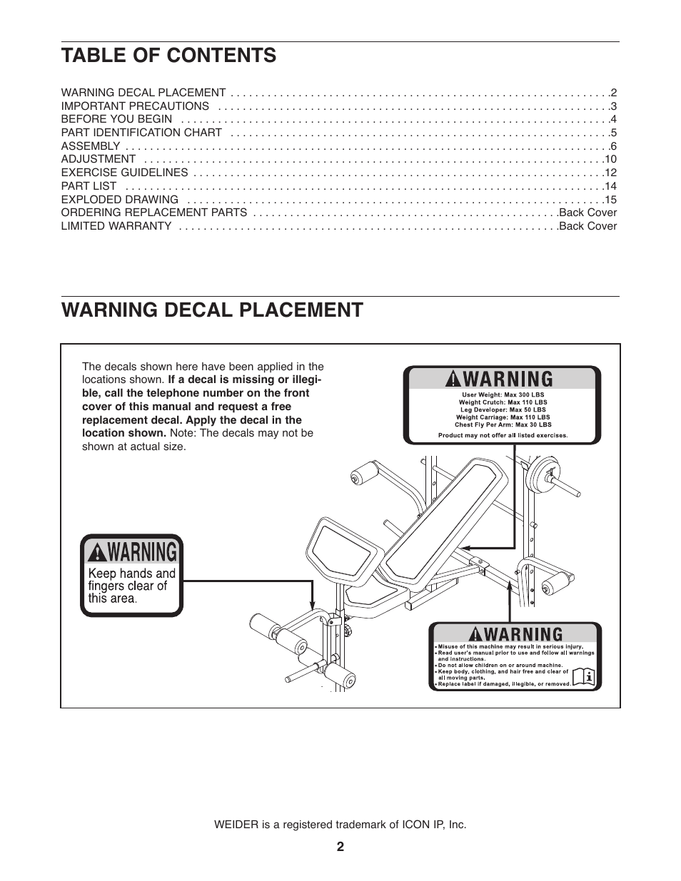 Table of contents warning decal placement | Weider 831.15791.3 User Manual | Page 2 / 16