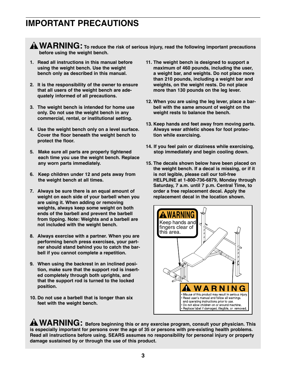 Warning, Important precautions | Weider 831.150721 User Manual | Page 3 / 16
